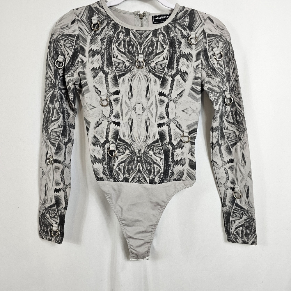 Maniere De Voir Grey Snakeskin-Print Long Sleeve Bodysuit